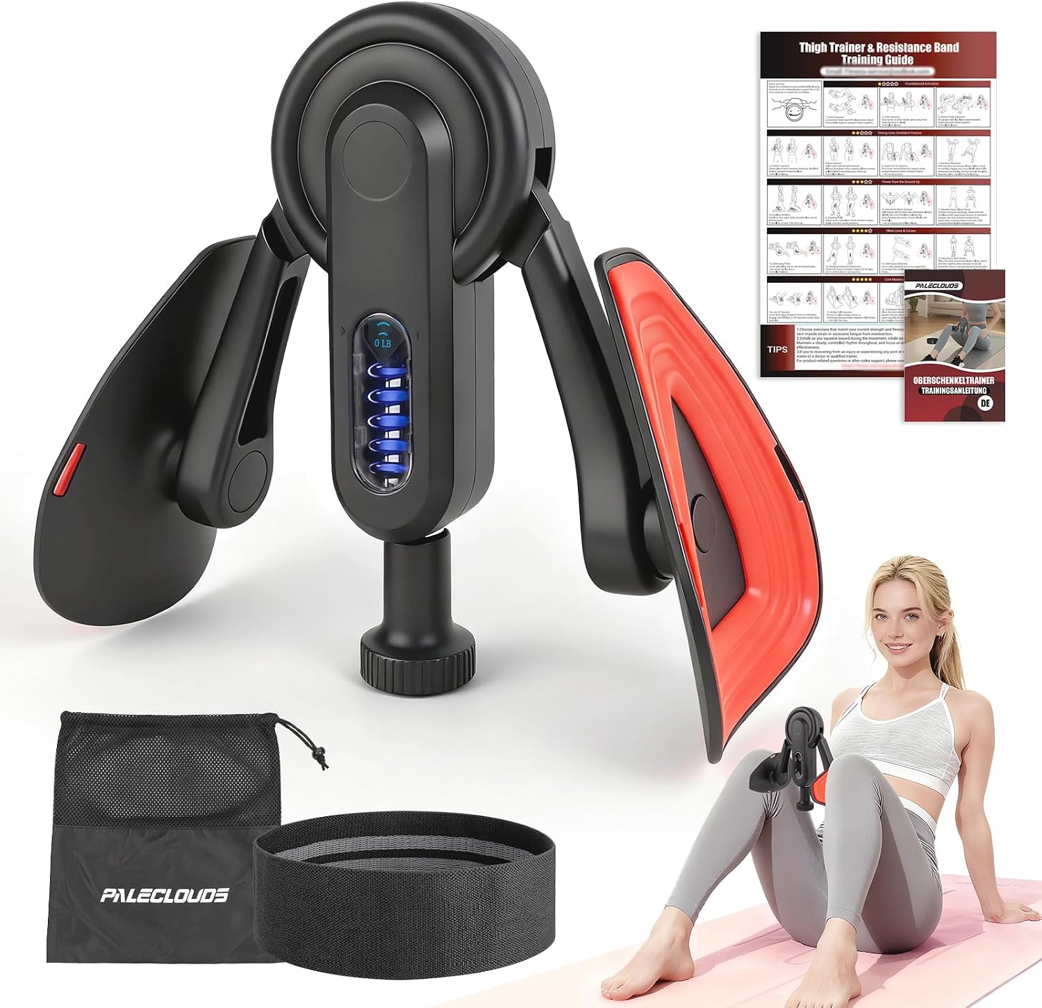 Adjustable thigh trainer with resistance band and carry bag